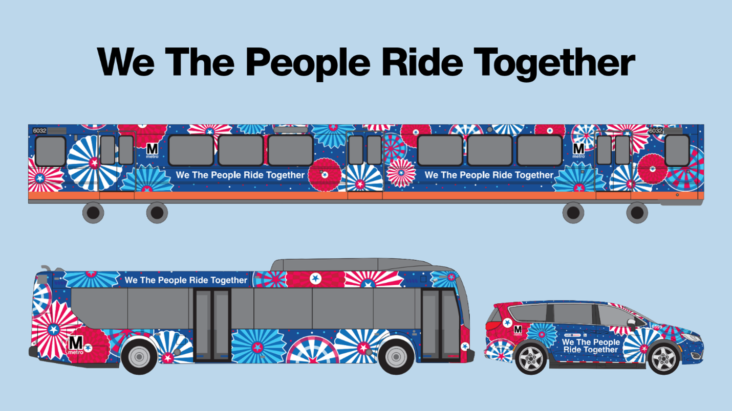 Image of train and bus with July 4 images