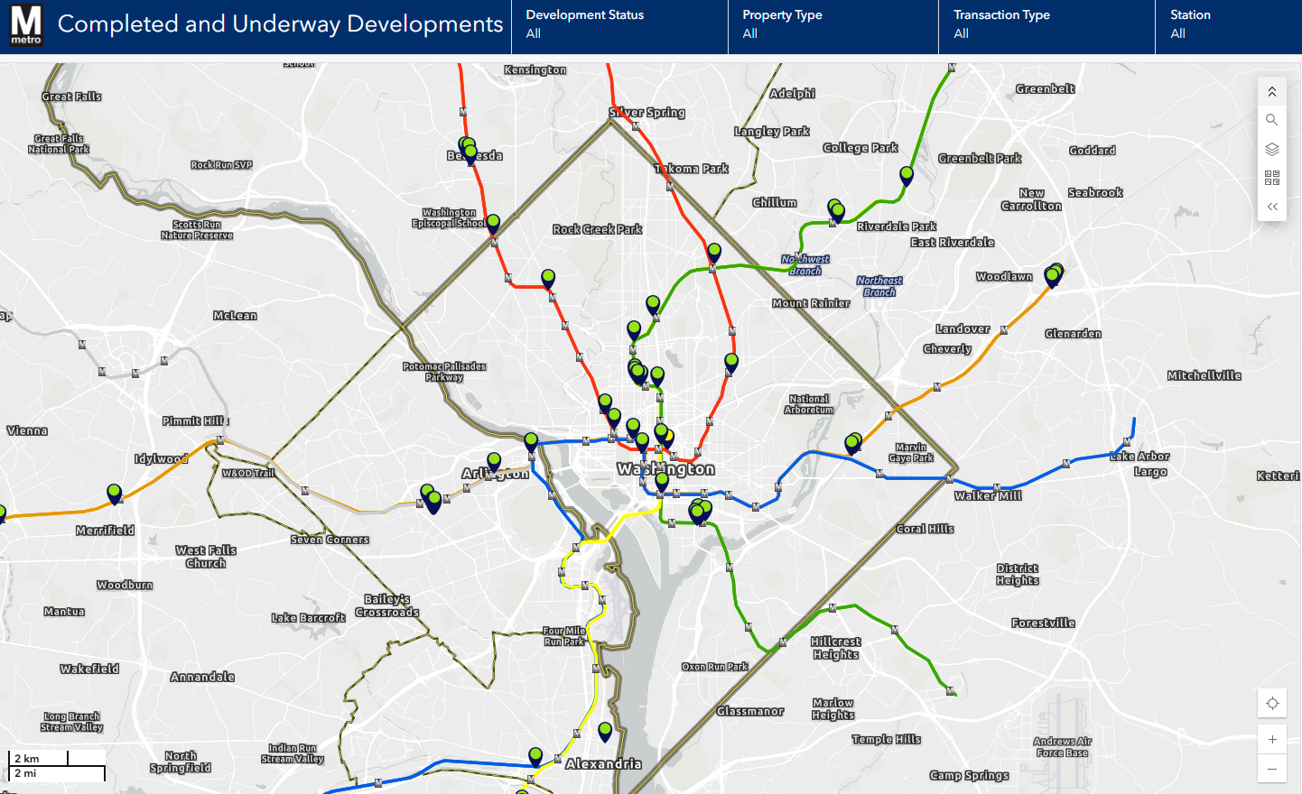 Map of theMetro service area showing completed and underway developments