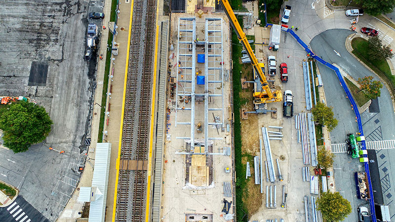 Bird’s-eye view of steel beam installation at Rockville Station