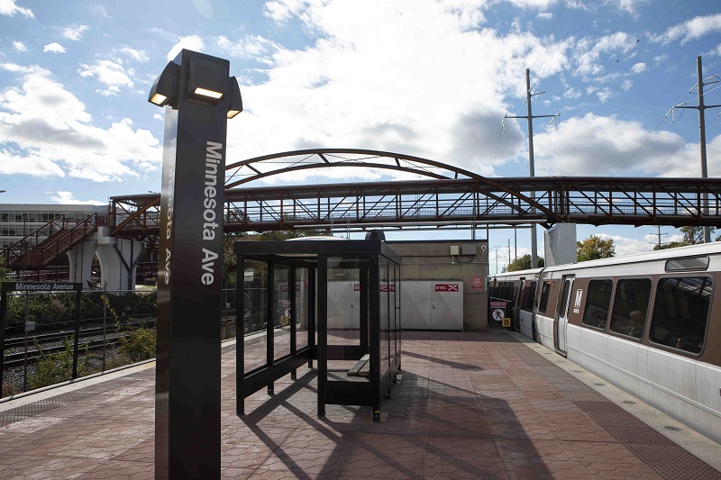 The current platform shelters at Minnesota Ave will be replaced with stainless-steel platform shelters and other customer experience improvements will be installed during the summer 2022 station closures. Pictured at Minnesota Ave Station, fall 2021.