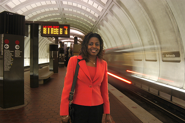 A Metro rider arrives at the Bethesda Metrorail station on the Red Line.