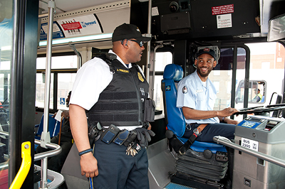 MTPD officer checks in with bus operator during a routine patrol.
