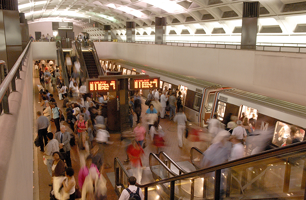 Riders at rush hour at the Farragut North Metrorail station on the Red Line.