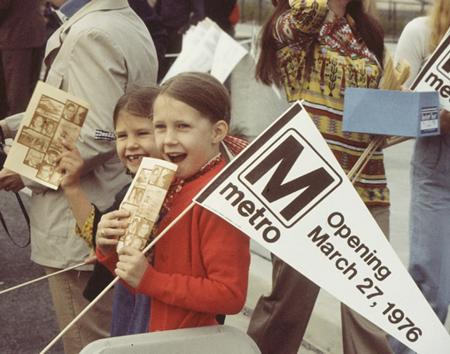 Washingtonians of all ages celebrate Metro's Opening Day at Rhode Island Avenue station (March 27, 1976).