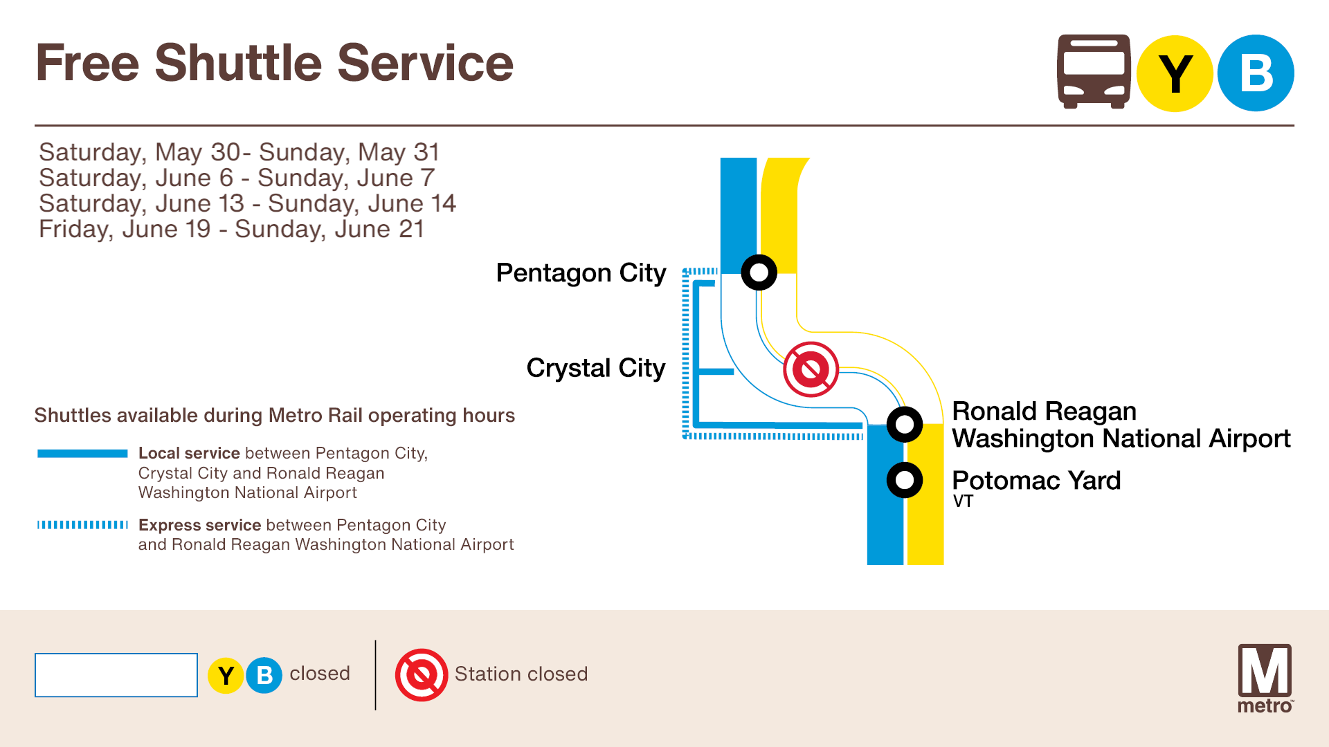 Blue and Yellow line trains will run every 12 minutes on each side of the construction zone. 