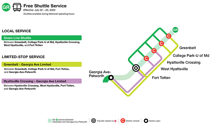 Green Line Greenbelt – Georgia Ave-Petworth: July 22-23, 2023 Shuttle Service