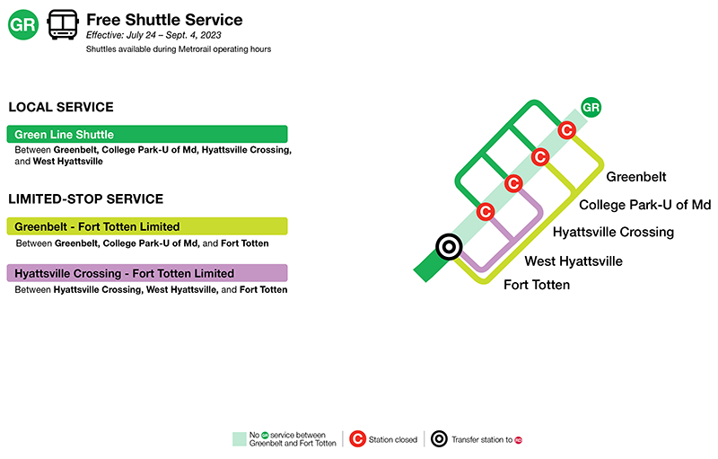 Green Line Greenbelt – Fort Totten: July 24-Sept. 4, 2023 Shuttle Service