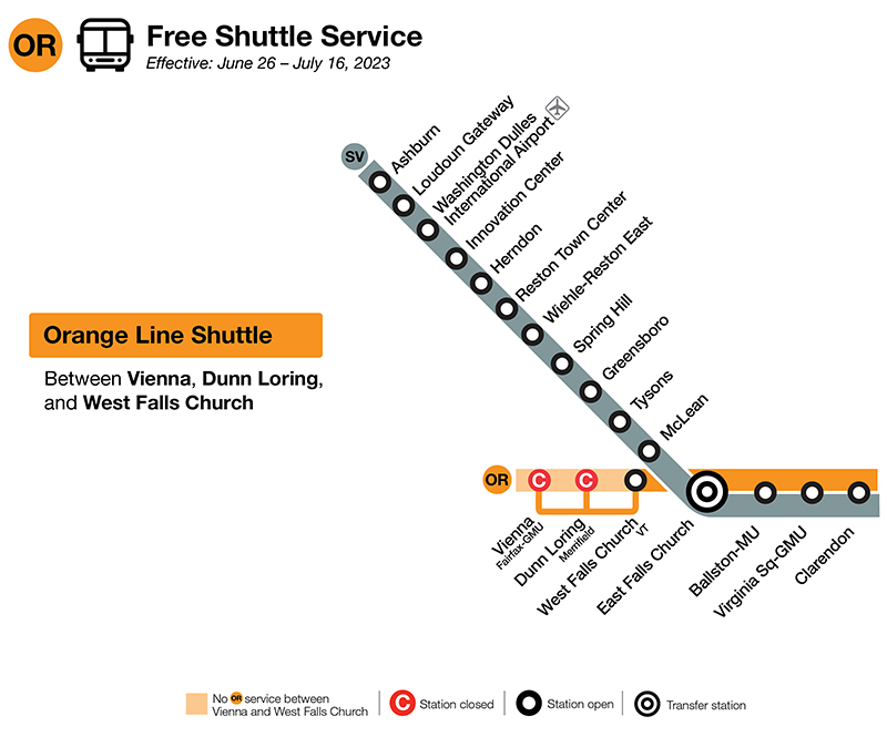 Orange Line Vienna – West Falls Church: June 26-July 16, 2023 Shuttle Service