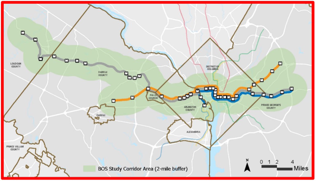 Image showing the BOS study area, including a 2-mile buffer around the Blue, Orange, and Silver lines.