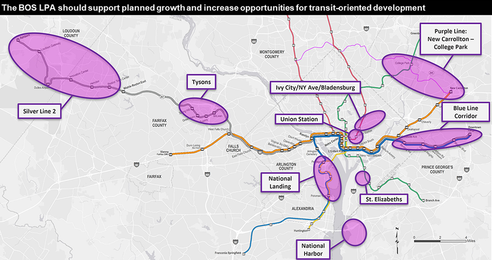 map image identifying areas of planned growth throughout the study area. The BOS LPA should support planned growth and increase opportunities for transit-oriented development.