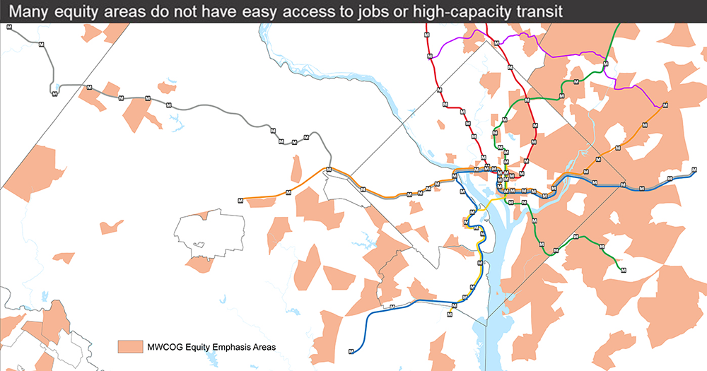 map image identifying MWCOG Equity Emphasis Areas. Many equity areas do not have easy access to jobs or high-capacity transit. 