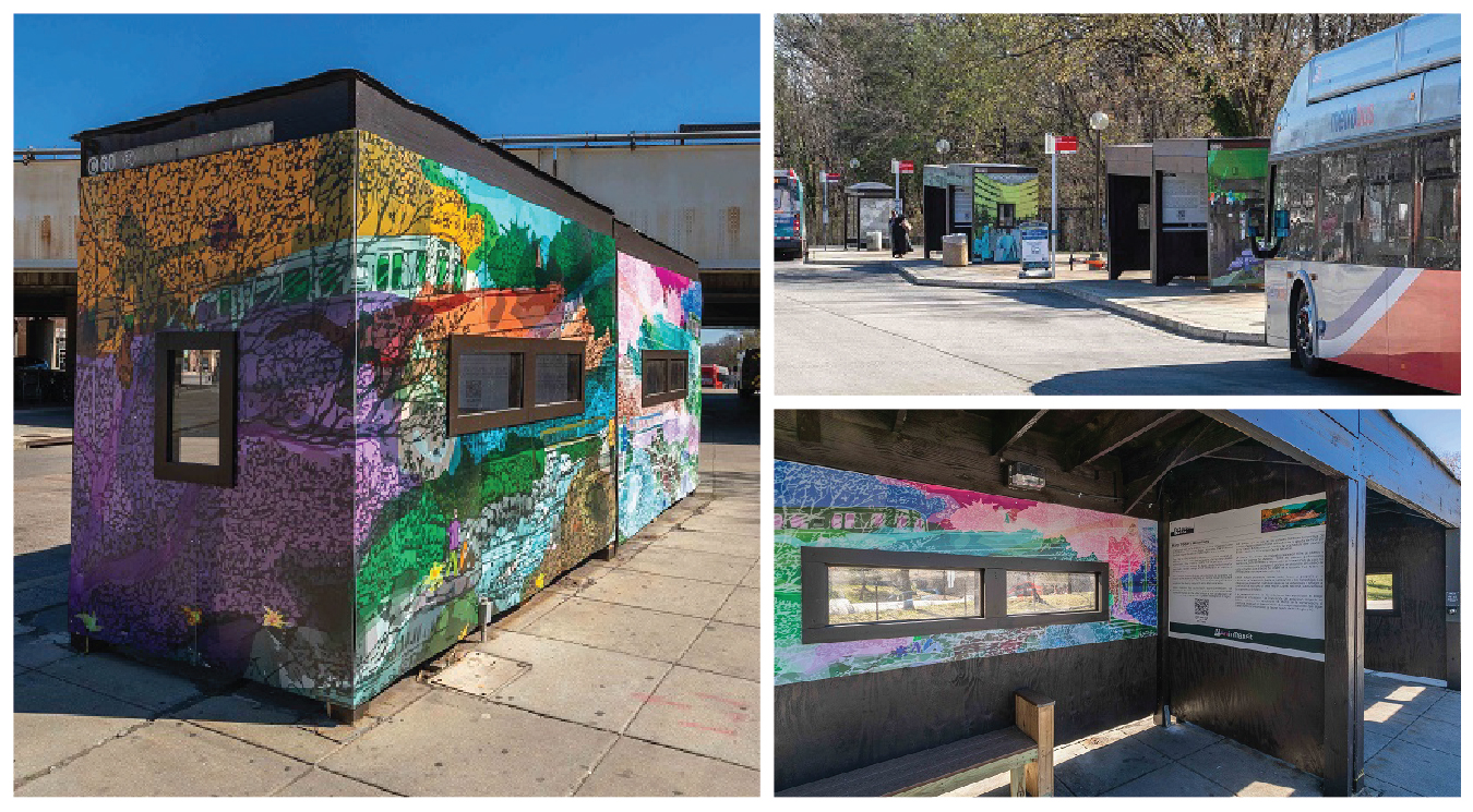 Images of temporary wooden shelters with artwork at Fort Totten Station