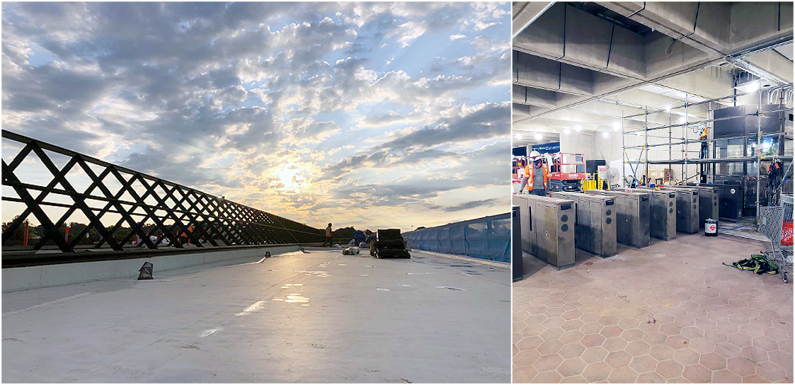 Construction at Vienna - Skylight framing along the station’s roof (left). New tile installed in the mezzanine (right).